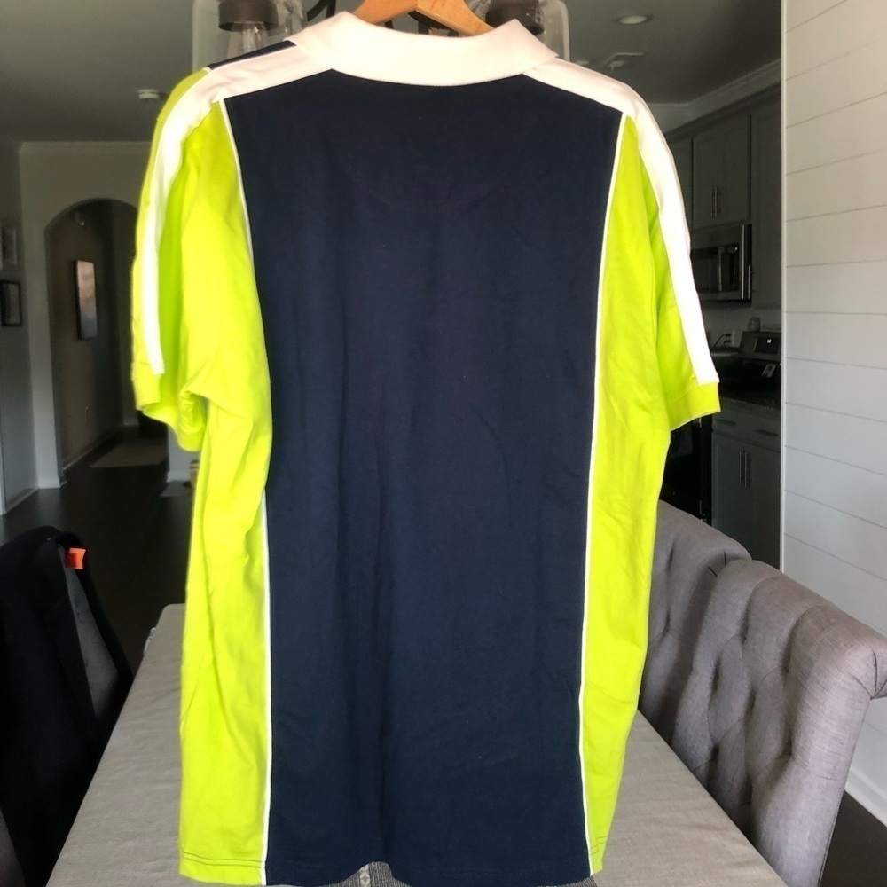 Mens Retro Fox Polo in Highlighter Yellow and Navy Colorblock Size XL 80s - Picture 2 of 8